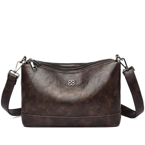 Eslcorri Crossbody Bags for Women, Small Multi-Pocket PU Leather Shoulder Purse Simple Ladies Handbag Sling Hobo Bag Triple Zipper Compartment Pocketbook for Travel & Daily Use - Coffee