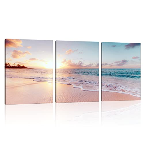Derkymo Leinwandbild, Motiv Strand, Sonnenuntergang, Landschaft, modernes Strandbild, Kunstwerk, für Heimdekoration, gespannt und gerahmt, fertig zum Aufhängen (12 x 16 x 3 Stück)
