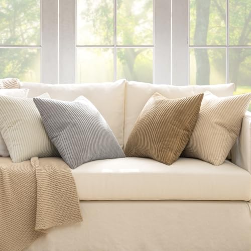 Image of MIULEE Boho Farmhouse Throw Pillow Covers 18x18 Inch Set of 4 Neutral Rustic Decorative Cushion Covers Soft Corduroy Nordic Home Decor for Couch Bed Sofa Living Room