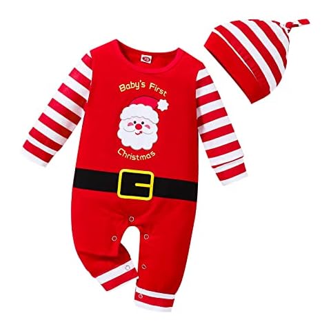 Newborn Baby Christmas Romper Outfit Toddler Boys Girls Xmas Elf Santa Romper Onesie Clothes Set 3-18M, Red, XXXXX-Small Cover