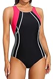 ATTRACO Damen Einteiler Badeanzug Athletic Sport Racerback Badeanzug, Pink/Grau, L