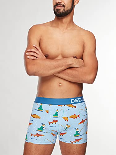 Dedoles Boxershorts Herren & Jungen Unterwäsche Trunks Baumwolle lustige Designs Dinosaurier Hamster Spiele Maulwurf Geschenk, Farbe Blau, Motiv Fischerei Unterhose, Gr. L