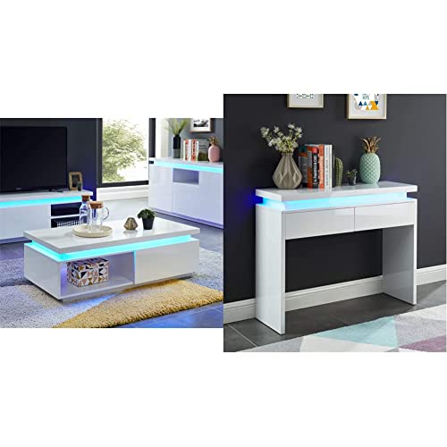 BAÏTA Cosmos Table Basse à LED, laqué, Blanc, 120cm & Cosmos Console à LED, Blanc laqué, 100cm