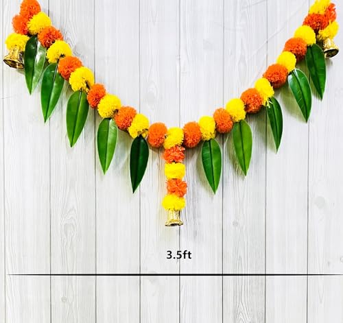 Image of Akaar Decor Artificial Marigold Bandhanwar Door Hanging Toran | Diwali Decoration Items for Home Decor| Festive Decor| Office Decor| -(L:Approx. 3.5ft)-with Mango Leaves Decoration (Multi)