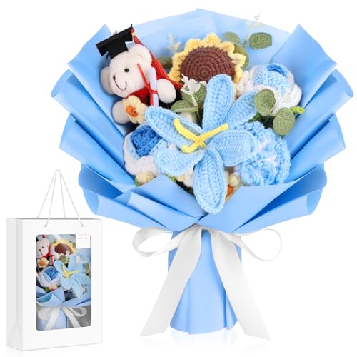 VAIPI Crochet Flower Bouquet with Graduation Bear Knitted Sunflower Plush Bouquet Graduation Gifts for Her Handmade Forever Flowers Gifts for Her Him Boy Girls Graduation Birthday Anniversary