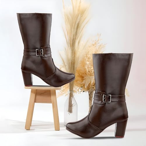Image of BXXY Women's 3.2 Inch High Heels Stylish Ankle Zipper Boots with Trendiest Buckle Closure