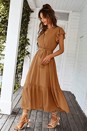 Image of PRETTYGARDEN 2023 Women's Floral Summer Dress V Neck Short Sleeve Ruffle Hem A-Line Boho Maxi Dresses