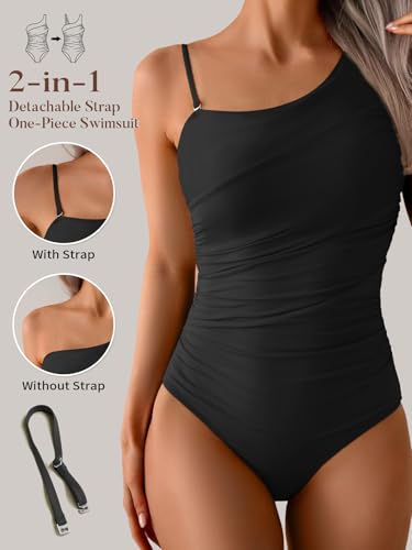 Image of Aidonger One Shoulder One Piece Swimsuit for Women Tummy Control Bathing Suits Color Block Ruched Swim Suit Slimming Swimwear