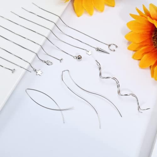 12Pairs Stainless Steel Threader Earrings for Women Chain Tassel Earrings Double Twist Wave Dangle Drop Chain Earrings Set