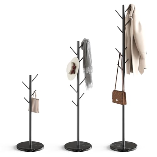 Coat Rack with Natural Marble Base, Metal Freestanding Coat Rack with 8 Hooks, 3 Adjustable Size Sturdy Coat Tree for Bags, Coats, and Hats for Entryway, Hallway, Bedroom, Office, Black