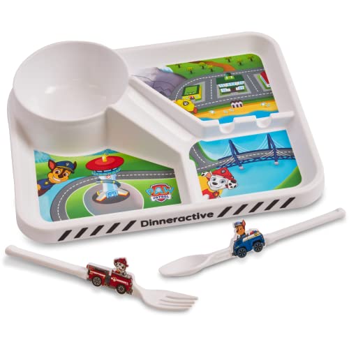 Image of PAW Patrol Dining Set For Kids - 3 PC Themed Dinnerware Set by Dinneractive - Dog Cartoon - Toddler Plates - Baby Dishes
