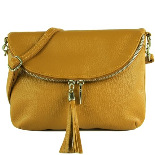 Modamoda de T07L / T139L - Petit sac à bandoulière en cuir pour femme - 2 modèles - Fabriqué à la main en Italie, jaune moutarde, S