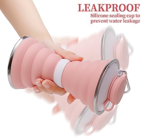Firtink Collapsible water bottles for travel 500 ml, Foldable sports water bottles, small silicone reusable portable water bottle 17 Oz, collapsible water cups for sports hiking running, Pink