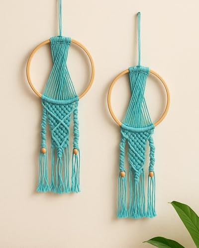 Image of Homesake Macrame Dream Catchers for Bedroom Adult Dream Catcher Wall Decor Large Boho Wall Hanging Wood Beads Tassels Home Decoration Ornament Craft Gift, Set of 2 (Turquoise)