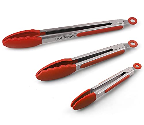 Hot Target Set Of 3 (7, 9, 12 Inches) Kitchen Tongs For Cooking - Heavy Duty & Non-Stick With Stainless Steel - Kitchen Tongs With Silicone Tips - Heat Resistant Long Food Tongs For Grilling Bbq - Red #TOP1