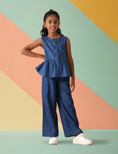 Image of Amazon Brand - Symbol Girl's Solid Denim Relaxed Fit Woven Crop Top
