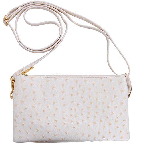 Humble Chic Vegan Leather Faux Ostrich Wristlet - Textured Dot Convertible Wallet Crossbody Bag Clutch Purse with Shoulder Strap, Ivory Ostrich, Off White, Cream - Thumbnail 5