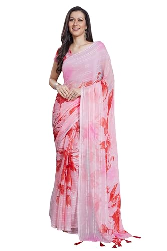 Image of RANI SAAHIBA Women's Printed Chiffon Saree Without Blouse Piece