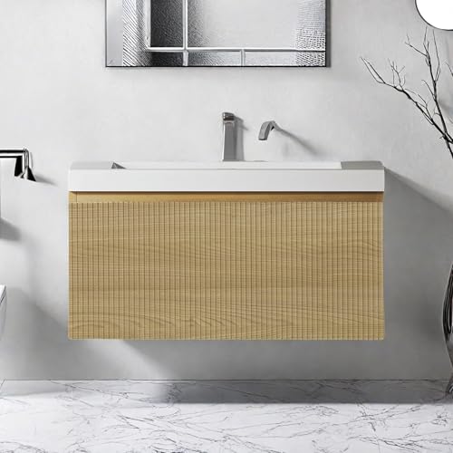 Image of Wall Mounted Bathroom Sink Vanity, Modern 30 inch Floating Vanity with Resin Top Basin Sink and U-Shaped Soft-Close Storage Drawer, Striped Bathroom Storage Cabinet with Invisible Handle, Wood