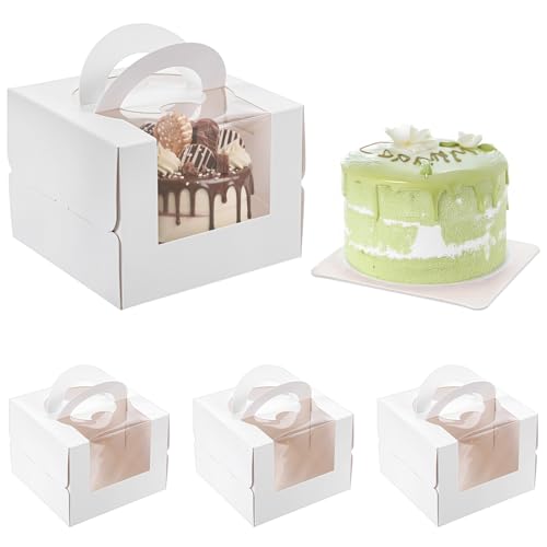 zisiueel 25 Pcs 5 x 5 x 4 Inch White Cake Boxes with Handle & Boards, Easy Carrying Paper Cakes Containers, Cake Holder Window Carriers for Birthday Christmas Birthday Wedding, Party, Gift