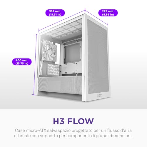 H3 Flow – Case PC Gaming Micro-ATX – Flusso d'aria ottimizzato – 1 ventola 120mm inclusa – GPU full-size – Radiatore 280mm frontale, 240mm superiore – Scheda madre con conn. posteriore – Bianco - Case PC - Immagine 1