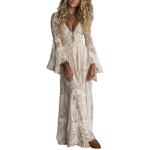 Women's Bohemian Lace Maxi Dress Plunge V-Neck Bell Sleeve Floor Length Wedding & Festival Gown (Apricot,Medium)