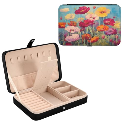 Haskirky Oil Painting Poppies Jewelry Box Portable PU Leather Travel Jewelry Organize for Women Jewelry Storage Display Holder for Ring, Necklace, Earring