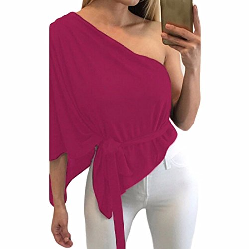 QIYUN.Z Donne Una Spalla Collare Obliquo Irregolare Supera Camicia Tunica Camicetta Di Pizzo-Up