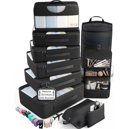Veken 10 Set Packing Cubes for Travel Essentials,Anti-Wrinkle Buckled Suitcase Organizer for Shoe & Toiletry Bag,Carry On Luggage Bag with 99+ Count Mesh Holes for Airplane & College Dorm Accessories