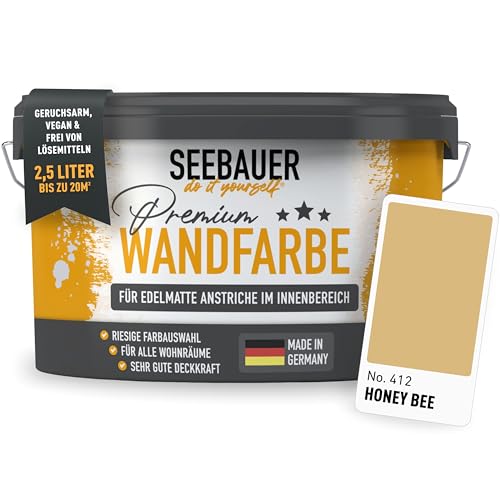 SEEBAUER diy Wandfarbe Beige 2,5L für Innen (No. 412 Honey Bee) Edelmatte cremebeige Innenfarbe - Beigetöne sehr hohe Deckkraft - Matt, Abwaschbar und Tropffrei