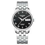 Women Vintage Automatic Self-Wind Mechanical Wrist Watch Sapphire Crystal Business Calendar Week Luminous Waterproof Clock Lady Stainless Steel or Leather Strap Wristwatch (Silver Black Steel)