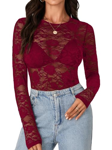 LYANER Women's Floral Lace Sheer Mesh Sexy Blouse Wine Red Large