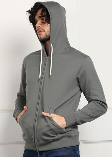 Image of Alan Jones Clothing Men's Solid Zipper Hooded Sweatshirt | Ribbed Hem, Lined Hood, Side Pockets, Durable Zip | Multiple Colors