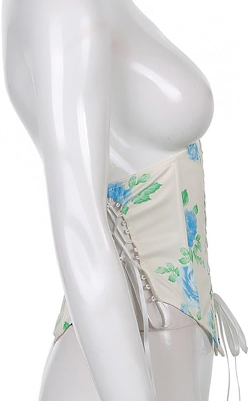 Women Lace Up Cute Outfit Ladies Bustiers Flower Print Brocade Corsets Adjustable Corselet Costumes