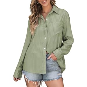 Astylish Womens Oversized Shirt V Neck Button Down Blouses Long Sleeve Striped Work Tops