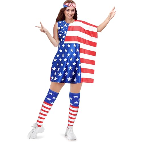 Liitrsh American Flag Dress Set for Women Include Patriotic Flag Dress American Flag Socks Bandana for 4th of July(M/l)