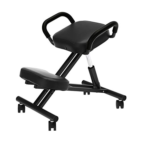 Ergonomic kneeling chair with black cushions and adjustable height on wheels