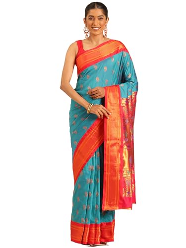 Varkala Silk Sarees Kadiyal Soft Silk Pheshwai Nath Paithani Saree With Blouse Piece (V300A113-COPR_Rama & Red