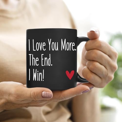 QASHWEY I Love You More the End I Win Coffee Mug, Romantic Gifts for Her Him, Birthday Gifts for Women Men, Wedding Gift for Bride Groom Couples Black Tea Cup Mug Cup