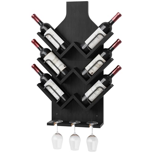 Image of Hoctieon Wine Rack Wall Mounted, 6 Bottles Wood Wine Rack for Display and Storage, Hanging Bottle Holder Bar Shelves for Living Room, Kitchen, Dining Room, Wine Cellar, Black