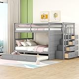 Harper & Bright Designs Full Over Full Bunk Bed with Storage, Wooden Bunk Bed with Trundle and Staircase, Gray