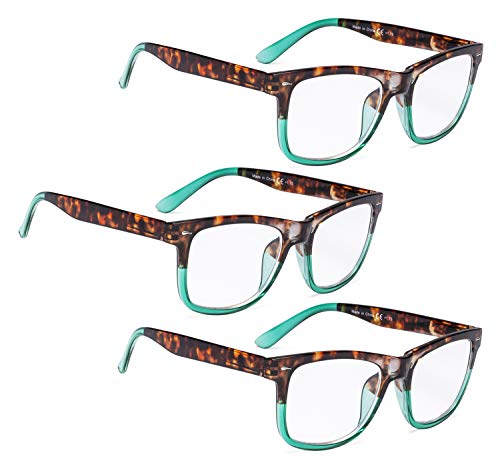 READING GLASSES 3 pack Ladies Large Lens Stylish Readers for Women (Tortoise Green, +0.75)
