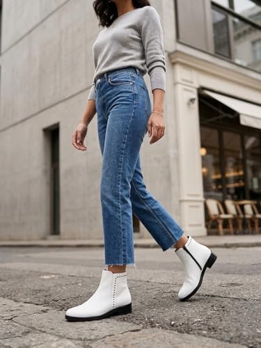 Image of ELLE Women Studded Low Block Heel Ankle Boots with Side Zipper