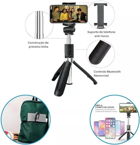Bastão Tripé Pau de Selfie Retrátil com Controle Bluethooth para Celular Dobrável Extensível, Smartp