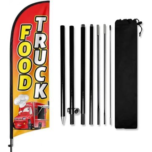 Food Truck Feather Flag With Pole Kit 8Ft Tall, Outdoor Advertising Banner Flag For Mobile Food Truck Business Sign Street Event Festival Parking Lot Use