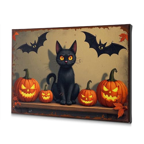 Tableau sur toile Halloween chat noir pour decoration de salle de bain et ambiance automnale