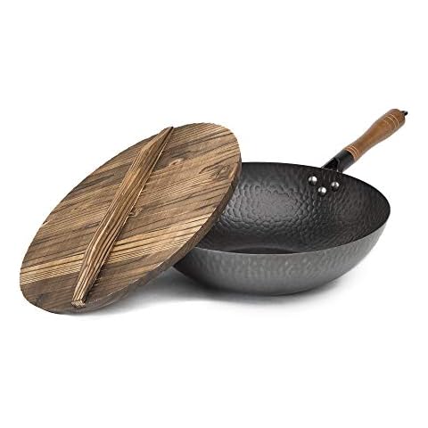 Goodful Hammered Carbon Steel 13-Inch Wok Pan with Lid, Black, Non-Stick, Compatible with Most Cooktops Cover
