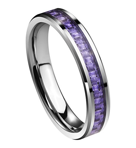 Queenwish Womens 4mm Tungsten Carbide Carbon Fiber Purple Inlay Wedding Bands Ring Comfort Fit Size 6.5 with Ring Box