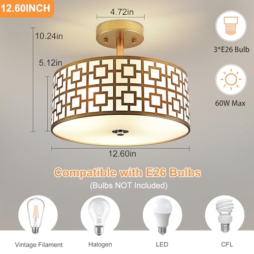 DLLT Flush Mount Ceiling Light: Modern 3-Light Semi Flush Mount Light Fixture - Drum Kitchen Lighting Fixture for Dining Room - Gold Bedroom Ceiling Lamp with Double Shade