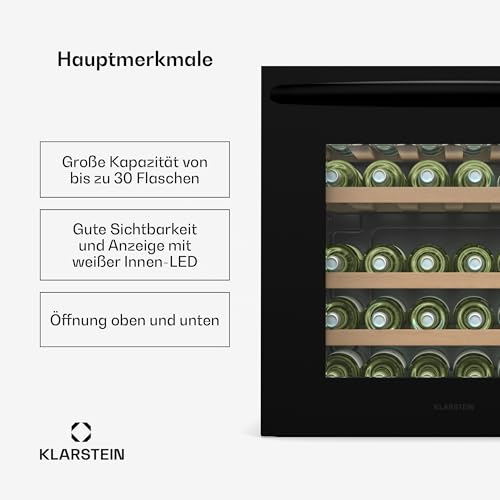 Klarstein Vinsider 30 Built-In Uno Einbau-Weinkühlschrank - 30 Flaschen, 1 Zone, 5-20 °C, LED-Beleuchtung, UV-Schutz, Holzregale, Leise, Energieeffizient, Schwarz, Glastür